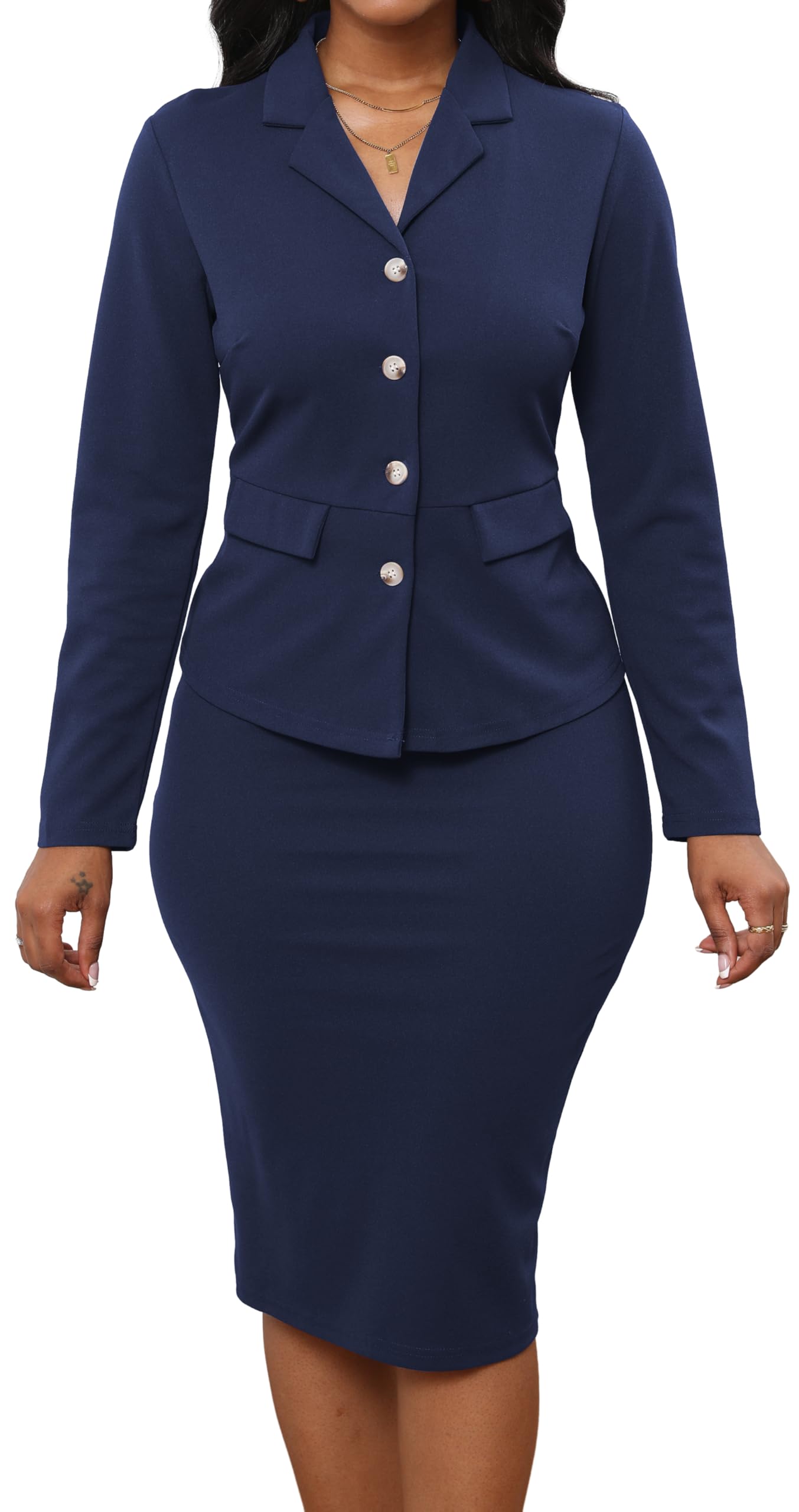 Womens Skirt Suits 2 Piece Set Casual Dark Blue Blazer Jackets and Pencil Midi Skirt Work Professional Sets with Buttons