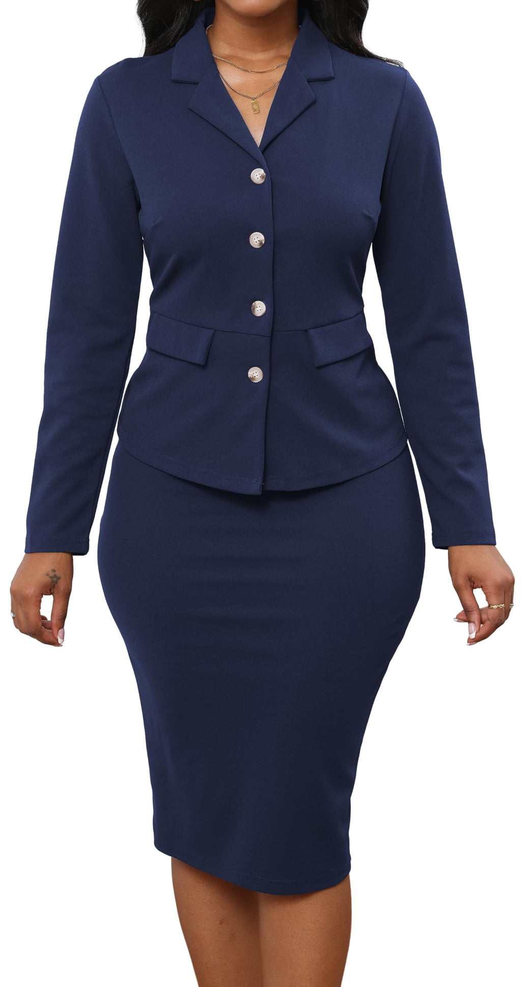 Womens Skirt Suits 2 Piece Set Casual Dark Blue Blazer Jackets and Pencil Midi Skirt Work Professional Sets with Buttons