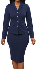 Womens Skirt Suits 2 Piece Set Casual Dark Blue Blazer Jackets and Pencil Midi Skirt Work Professional Sets with Buttons