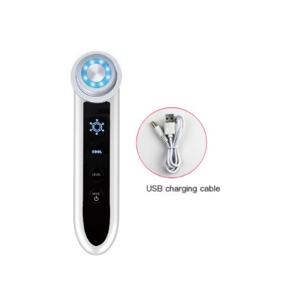Facial rejuvenation device with USB charging cable on a white background