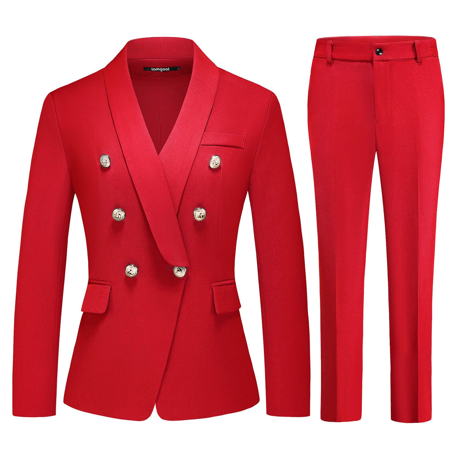 Lamgool Womens Suits 2 Piece Set Shawl Lapel Jacket and Pants Business Casual Outfits (Red Large) - Opal