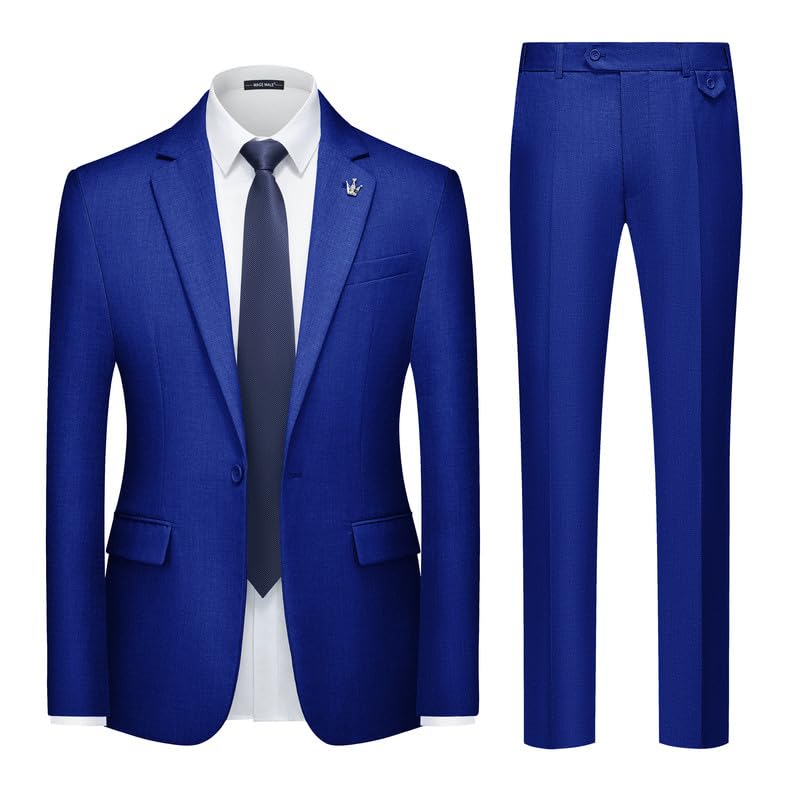 MAGE MALE Mens 2 Piece Suit Slim Fit Solid Wedding Prom Tuxedo Suit with One Button Notch Lapel Blazer and Pants Royal Blue - Opal