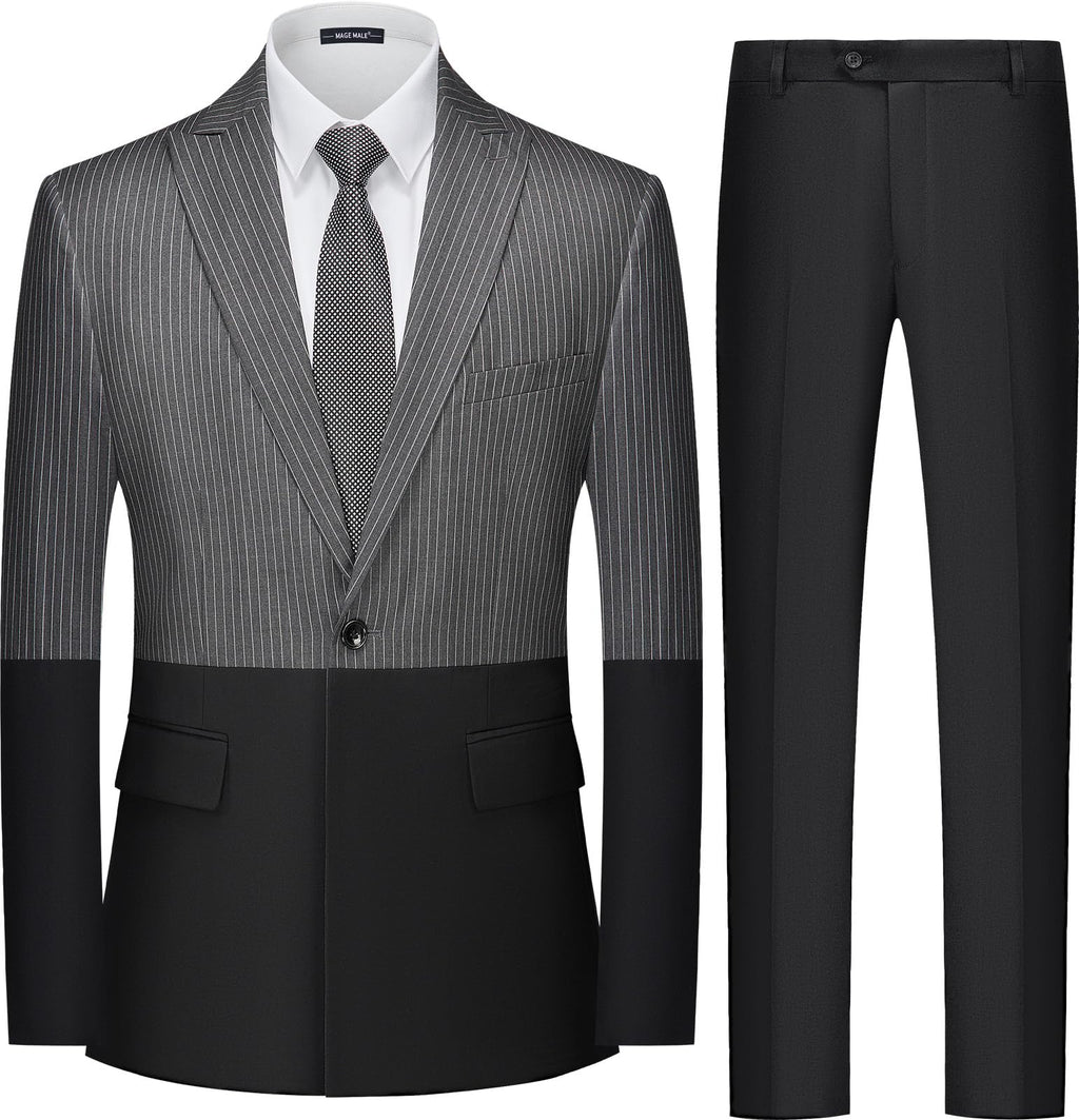 MAGE MALE Mens Suits Slim Fit Pinstripe 2 Piece Tuxedo Suit Set One Button Wedding Party Business Blazer Pants with Tie - Opal