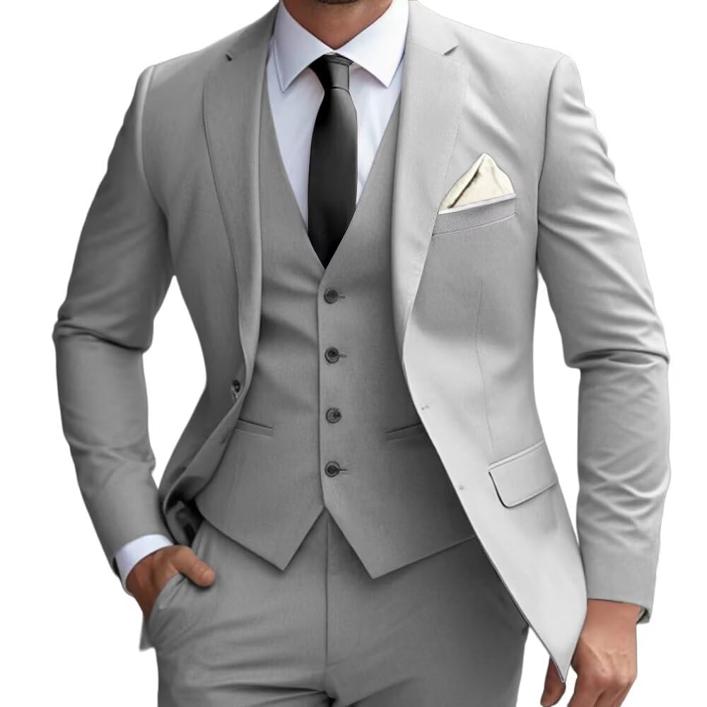 Mens 3 Piece Suit Slim Fit Men Tuxedo Suit for Party Wedding Prom Business 2 Button Solid Blazer Jacket Vest Pants Set Grey S - Opal