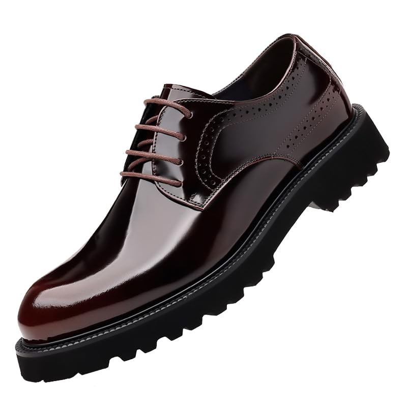 Mens Patent Leather Lace Up Platform Work Oxfords Round Toe Slip Resistant Low Top Lug Sole Brogues Dress Shoes Comfortable Business Formal Shoes (Brown8) - Opal