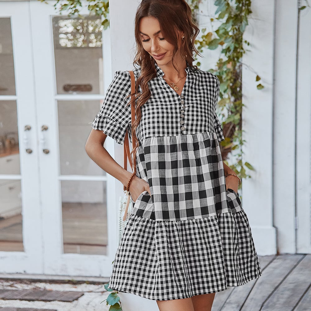Plaid Stitching Dress with European and American Style - Opal