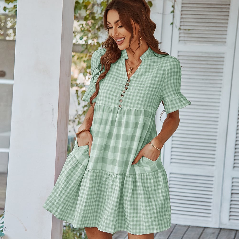 Plaid Stitching Dress with European and American Style - Opal