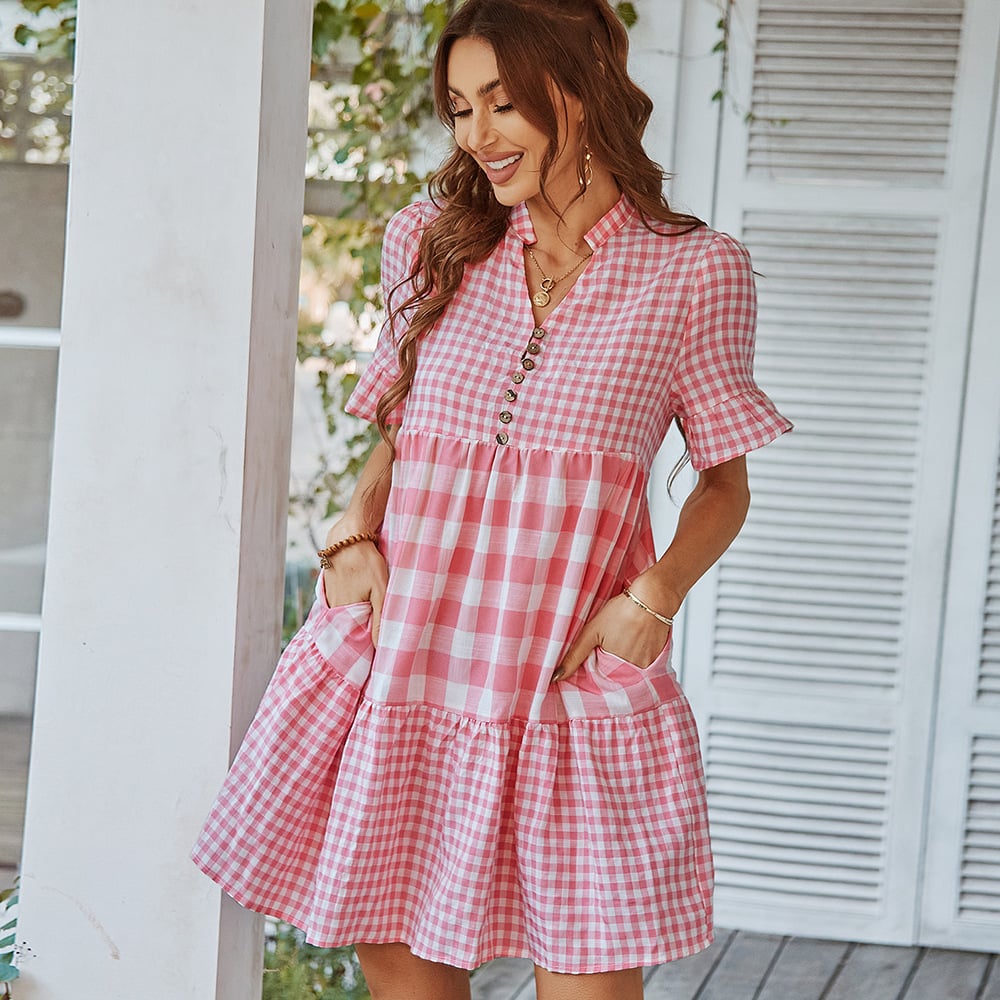 Plaid Stitching Dress with European and American Style - Opal