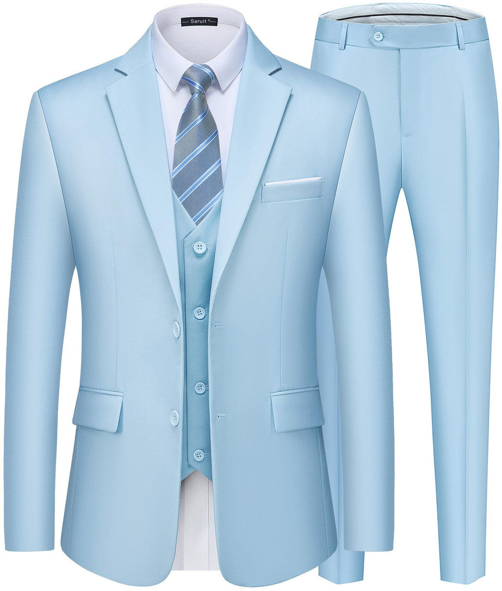 Saruit Mens Suits Slim Fit Tuxedo Suit Set 3 Piece 2 - Button Solid Prom Wedding Party Blazer Vest Pants with Tie Light Blue - Opal