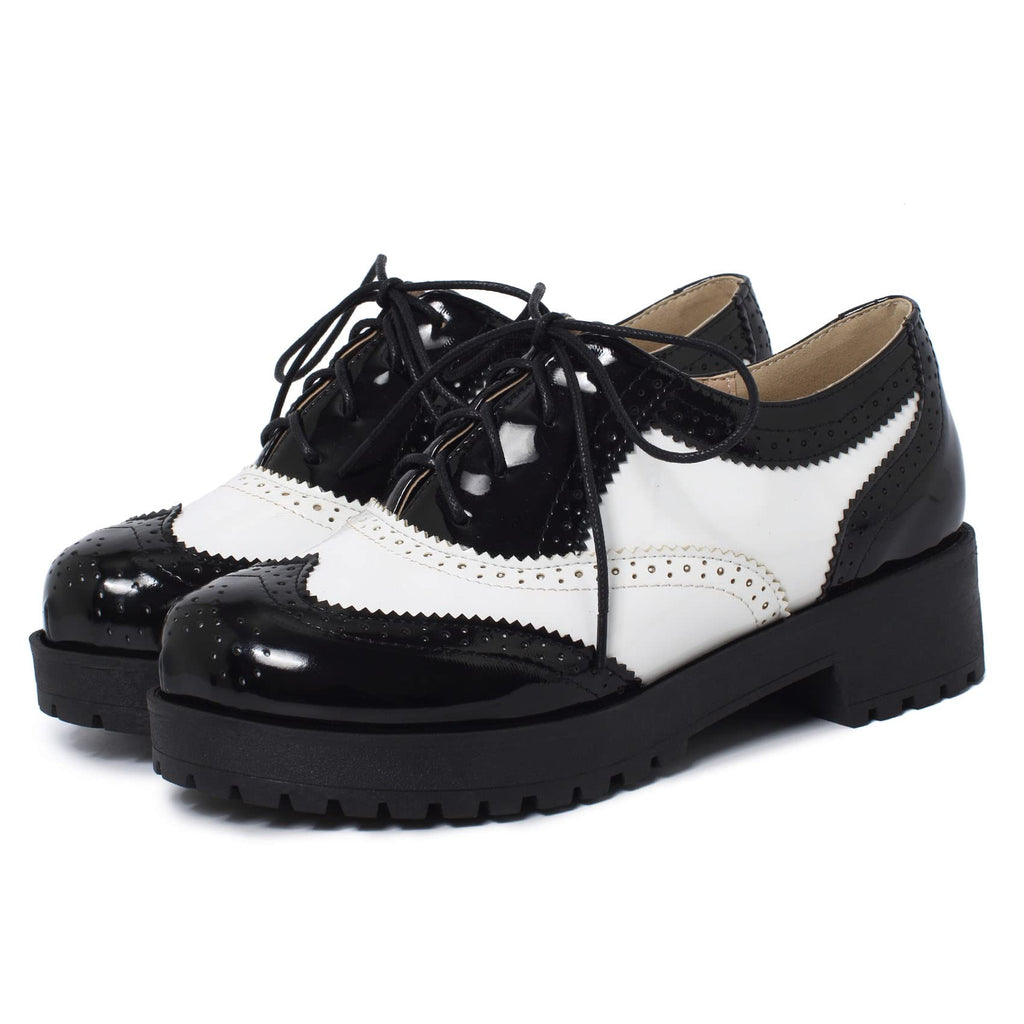 SHEMEE Womens Saddle Shoes Two Tone Patent Leather Chunky Mid Heels Wingtip Oxfords Platform Lug Sole Brogues (Black - White US 8.5) - Opal
