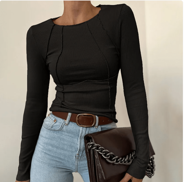 Slim Long Sleeve T-shirt Fashion Solid Color Split Thread Knitted Top Womens Clothing - Mağazam