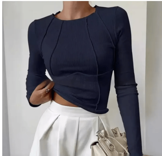 Slim Long Sleeve T-shirt Fashion Solid Color Split Thread Knitted Top Womens Clothing - Mağazam