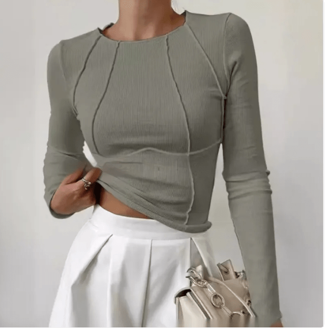 Slim Long Sleeve T-shirt Fashion Solid Color Split Thread Knitted Top Womens Clothing - Mağazam