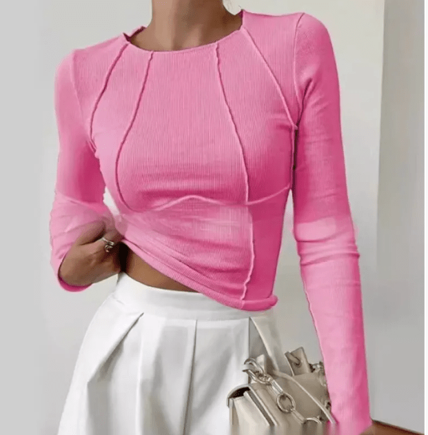 Slim Long Sleeve T-shirt Fashion Solid Color Split Thread Knitted Top Womens Clothing - Mağazam