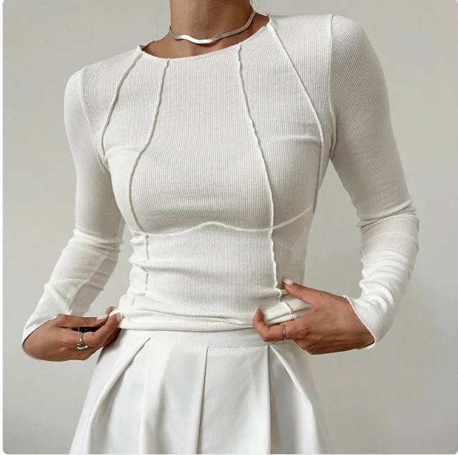 Slim Long Sleeve T-shirt Fashion Solid Color Split Thread Knitted Top Womens Clothing - Mağazam